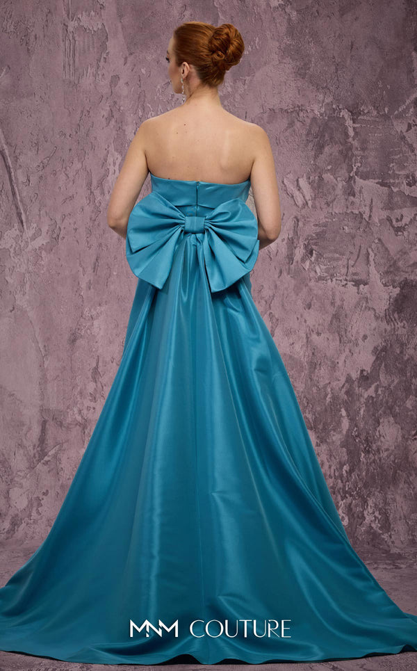 MNM Couture Style Q5574 strapless mermaid gown with rhinestone embellishments and a bow train. \ Couture Shop LA