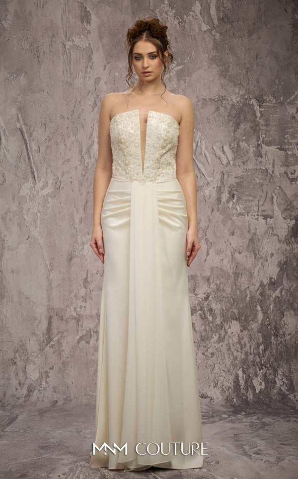 MNM Couture Style Q7545 beaded evening gown with a corseted bodice, ruched hips, and pleated mermaid skirt. \ Couture Shop LA