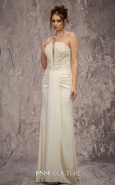 MNM Couture Style Q7545 beaded evening gown with a corseted bodice, ruched hips, and pleated mermaid skirt. \ Couture Shop LA