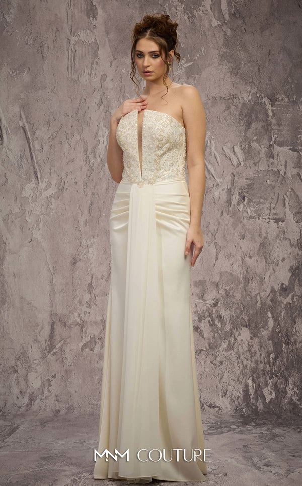 MNM Couture Style Q7545 beaded evening gown with a corseted bodice, ruched hips, and pleated mermaid skirt. \ Couture Shop LA