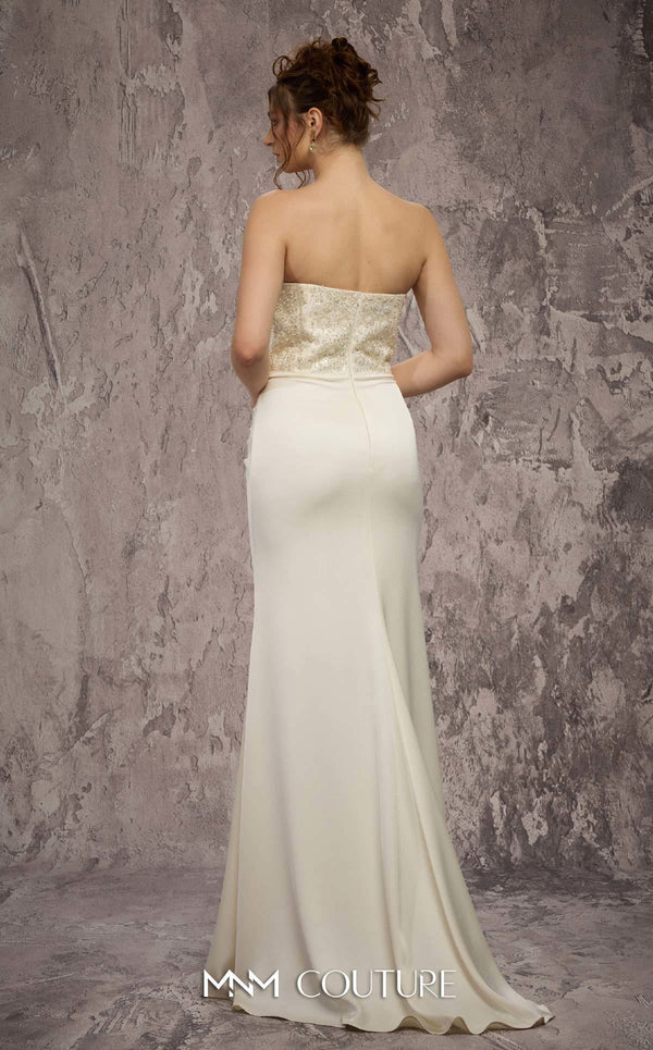 MNM Couture Style Q7545 beaded evening gown with a corseted bodice, ruched hips, and pleated mermaid skirt. \ Couture Shop LA