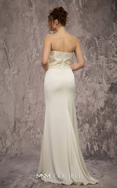 MNM Couture Style Q7545 beaded evening gown with a corseted bodice, ruched hips, and pleated mermaid skirt. \ Couture Shop LA