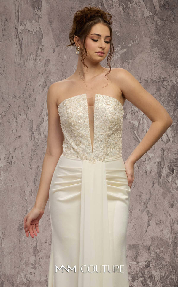 MNM Couture Style Q7545 beaded evening gown with a corseted bodice, ruched hips, and pleated mermaid skirt. \ Couture Shop LA