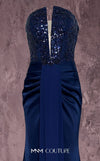MNM Couture Style Q7545 beaded evening gown with a corseted bodice, ruched hips, and pleated mermaid skirt. \ Couture Shop LA