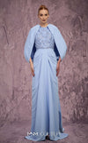 MNM Couture Style Q7615 crepe gown with caped sleeves, bow train, and embellished bodice. \ Couture Shop LA