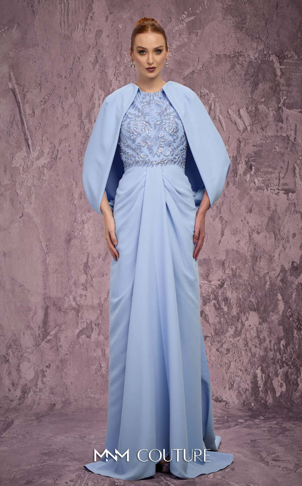 MNM Couture Style Q7615 crepe gown with caped sleeves, bow train, and embellished bodice. \ Couture Shop LA