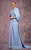 MNM Couture Style Q7615 crepe gown with caped sleeves, bow train, and embellished bodice. \ Couture Shop LA