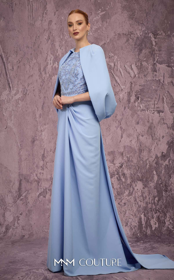 MNM Couture Style Q7615 crepe gown with caped sleeves, bow train, and embellished bodice. \ Couture Shop LA