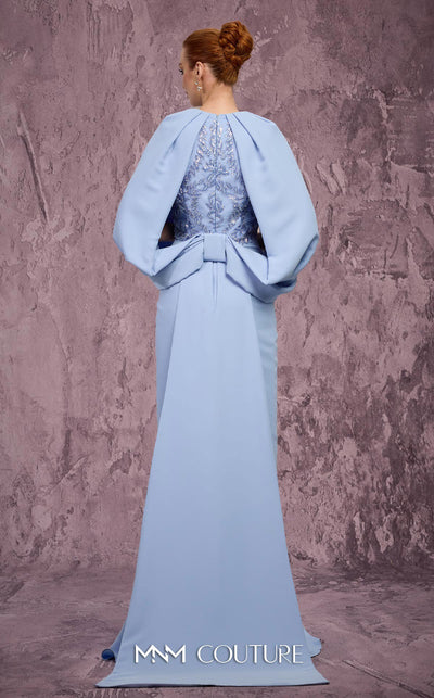 MNM Couture Style Q7615 crepe gown with caped sleeves, bow train, and embellished bodice. \ Couture Shop LA