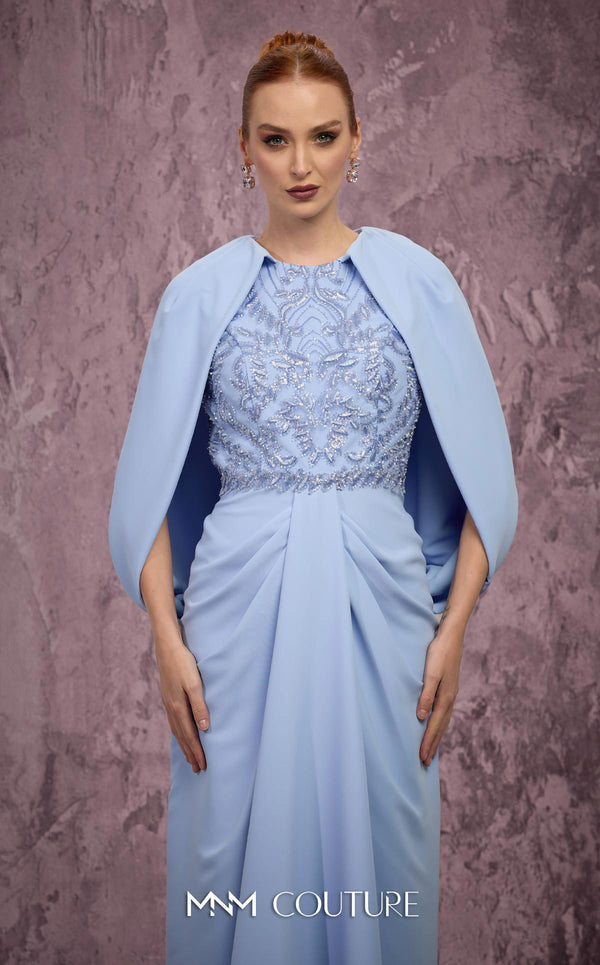 MNM Couture Style Q7615 crepe gown with caped sleeves, bow train, and embellished bodice. \ Couture Shop LA