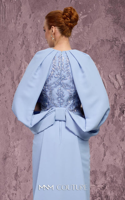 MNM Couture Style Q7615 crepe gown with caped sleeves, bow train, and embellished bodice. \ Couture Shop LA