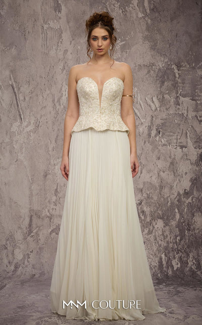 MNM Couture Style Q7715 strapless A-line gown with a beaded corset and pleated chiffon skirt. \ Couture Shop LA