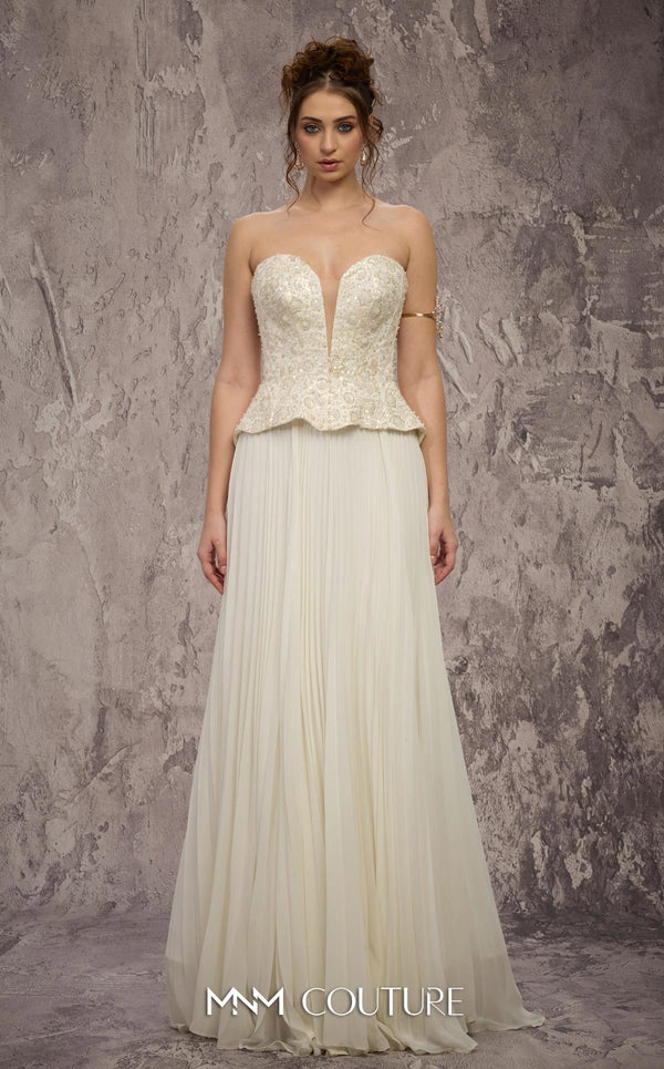MNM Couture Style Q7715 strapless A-line gown with a beaded corset and pleated chiffon skirt. \ Couture Shop LA