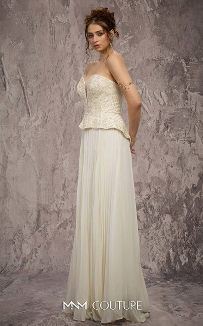 MNM Couture Style Q7715 strapless A-line gown with a beaded corset and pleated chiffon skirt. \ Couture Shop LA