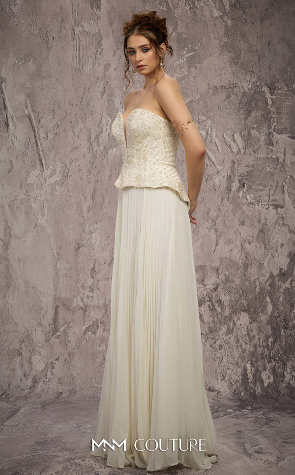 MNM Couture Style Q7715 strapless A-line gown with a beaded corset and pleated chiffon skirt. \ Couture Shop LA