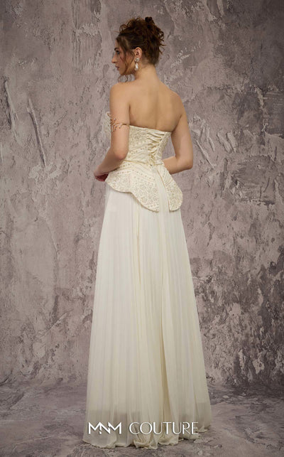 MNM Couture Style Q7715 strapless A-line gown with a beaded corset and pleated chiffon skirt. \ Couture Shop LA