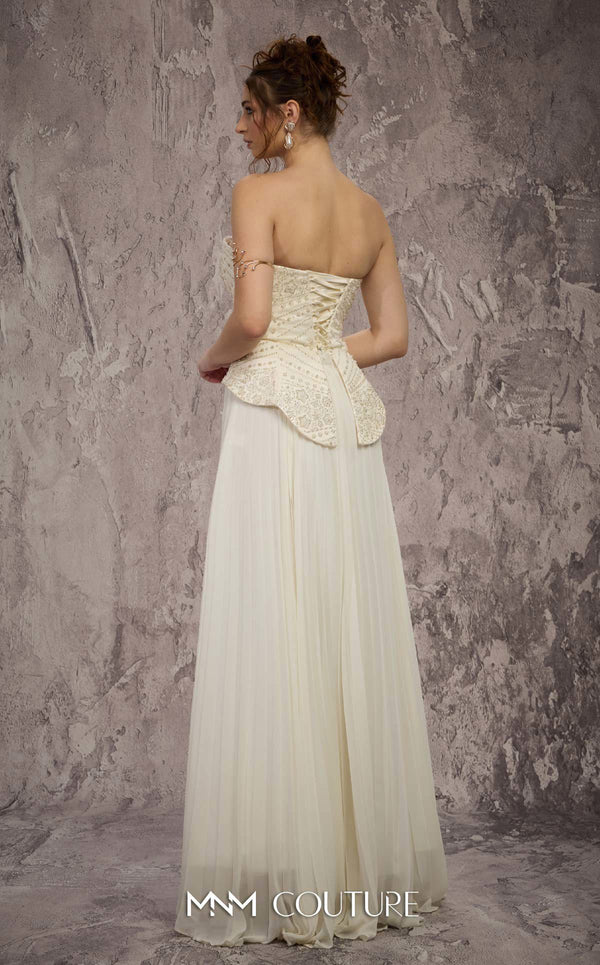 MNM Couture Style Q7715 strapless A-line gown with a beaded corset and pleated chiffon skirt. \ Couture Shop LA