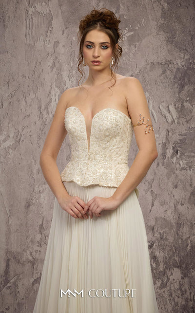 MNM Couture Style Q7715 strapless A-line gown with a beaded corset and pleated chiffon skirt. \ Couture Shop LA