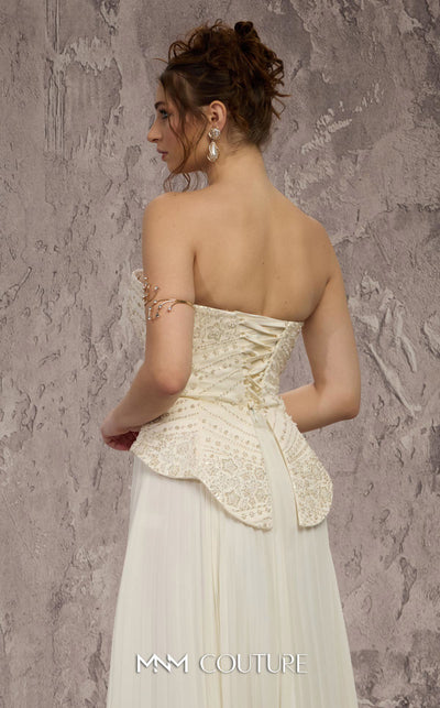 MNM Couture Style Q7715 strapless A-line gown with a beaded corset and pleated chiffon skirt. \ Couture Shop LA