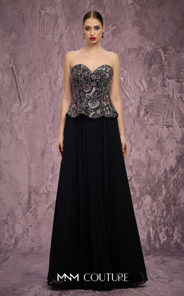 MNM Couture Style Q7778 pleated chiffon gown with a beaded corset and structured skirt. \ Couture Shop LA