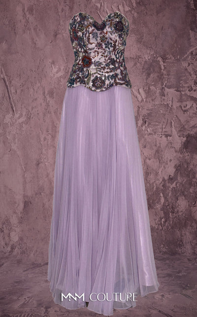 MNM Couture Style Q7778 pleated chiffon gown with a beaded corset and structured skirt. \ Couture Shop LA