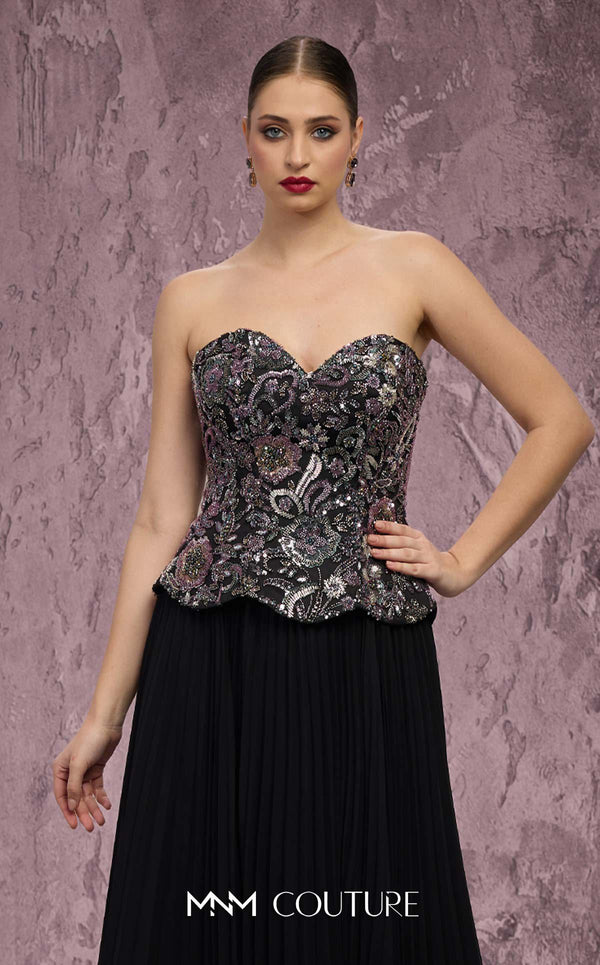 MNM Couture Style Q7778 pleated chiffon gown with a beaded corset and structured skirt. \ Couture Shop LA