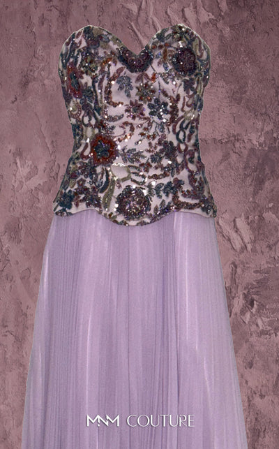 MNM Couture Style Q7778 pleated chiffon gown with a beaded corset and structured skirt. \ Couture Shop LA