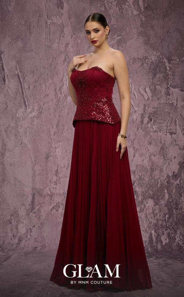MNM Couture Style Q7788 strapless A-line chiffon gown with a beaded top and pleated skirt. \ Couture Shop LA