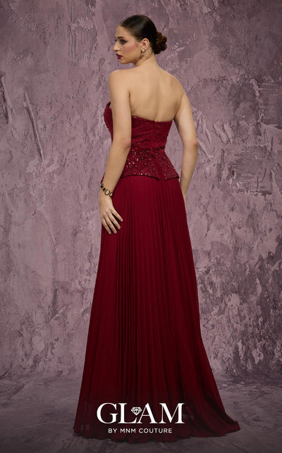 MNM Couture Style Q7788 strapless A-line chiffon gown with a beaded top and pleated skirt. \ Couture Shop LA