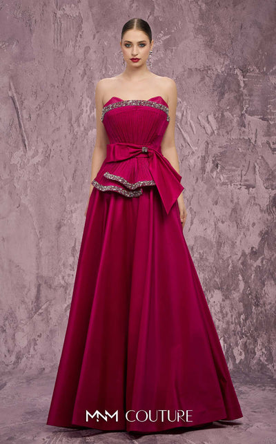 MNM Couture Style Q8017 taffeta A-line gown with a fanned panel, crystal embellishments, and a bow waist. \ Couture Shop LA