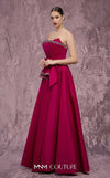 MNM Couture Style Q8017 taffeta A-line gown with a fanned panel, crystal embellishments, and a bow waist. \ Couture Shop LA