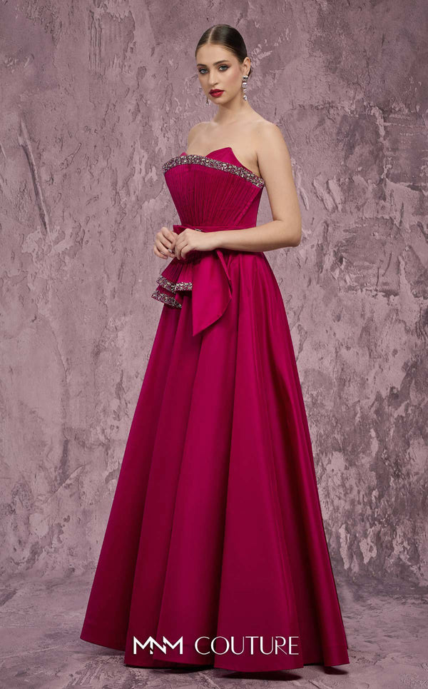 MNM Couture Style Q8017 taffeta A-line gown with a fanned panel, crystal embellishments, and a bow waist. \ Couture Shop LA