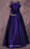 MNM Couture Style Q8017 taffeta A-line gown with a fanned panel, crystal embellishments, and a bow waist. \ Couture Shop LA