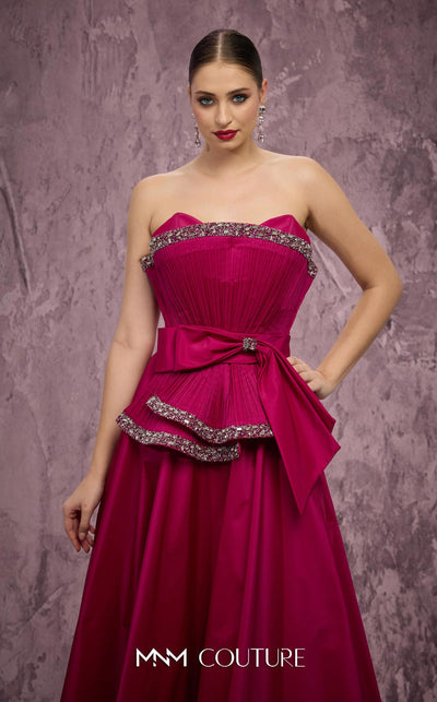 MNM Couture Style Q8017 taffeta A-line gown with a fanned panel, crystal embellishments, and a bow waist. \ Couture Shop LA