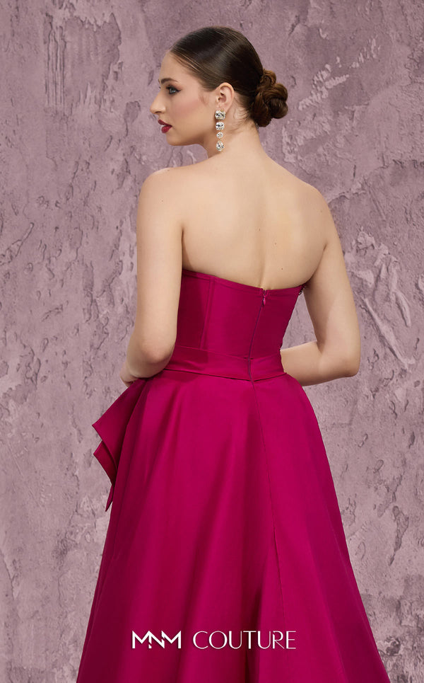MNM Couture Style Q8017 taffeta A-line gown with a fanned panel, crystal embellishments, and a bow waist. \ Couture Shop LA