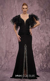 MNM Couture Style Q8022 mermaid gown with ruffled sleeves, mesh neckline, and crystal-embellished slit. \ Couture Shop LA