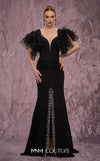 MNM Couture Style Q8022 mermaid gown with ruffled sleeves, mesh neckline, and crystal-embellished slit. \ Couture Shop LA