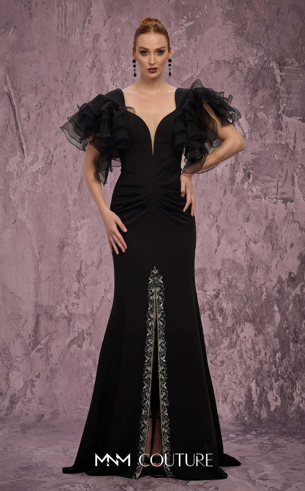 MNM Couture Style Q8022 mermaid gown with ruffled sleeves, mesh neckline, and crystal-embellished slit. \ Couture Shop LA