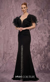 MNM Couture Style Q8022 mermaid gown with ruffled sleeves, mesh neckline, and crystal-embellished slit. \ Couture Shop LA