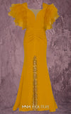 MNM Couture Style Q8022 mermaid gown with ruffled sleeves, mesh neckline, and crystal-embellished slit. \ Couture Shop LA