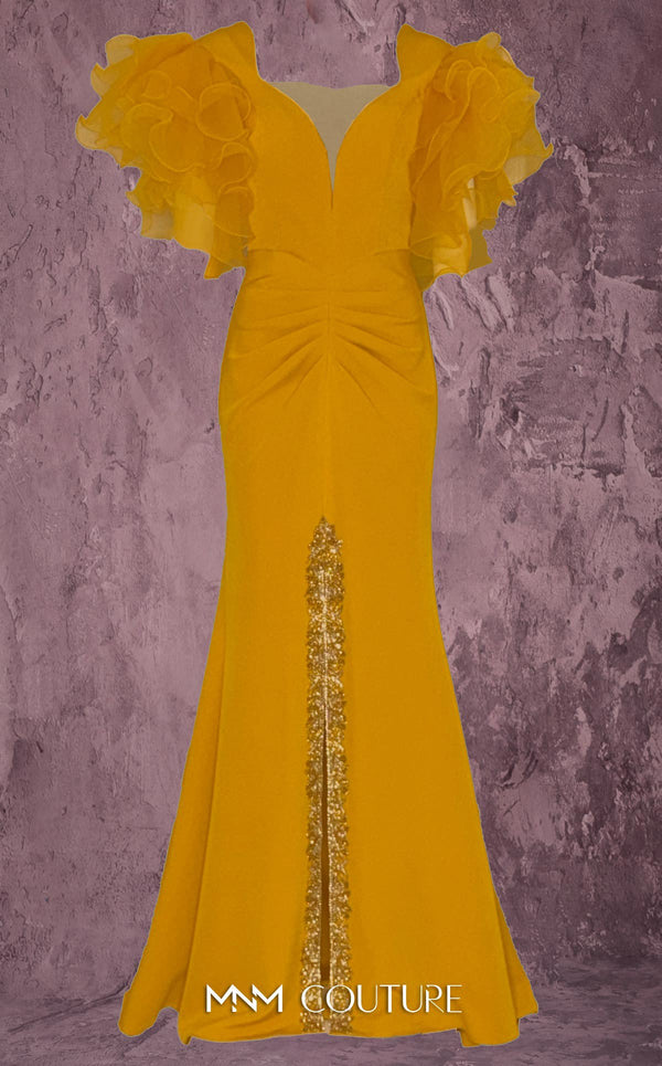 MNM Couture Style Q8022 mermaid gown with ruffled sleeves, mesh neckline, and crystal-embellished slit. \ Couture Shop LA