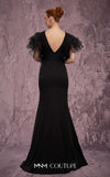 MNM Couture Style Q8022 mermaid gown with ruffled sleeves, mesh neckline, and crystal-embellished slit. \ Couture Shop LA