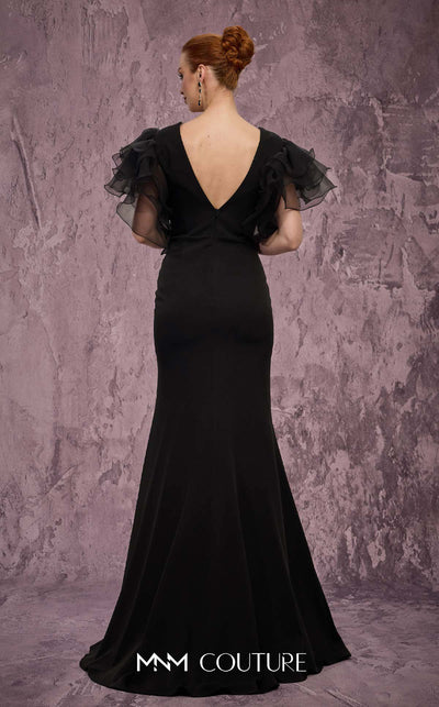 MNM Couture Style Q8022 mermaid gown with ruffled sleeves, mesh neckline, and crystal-embellished slit. \ Couture Shop LA