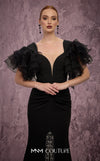 MNM Couture Style Q8022 mermaid gown with ruffled sleeves, mesh neckline, and crystal-embellished slit. \ Couture Shop LA