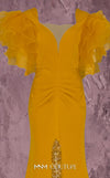 MNM Couture Style Q8022 mermaid gown with ruffled sleeves, mesh neckline, and crystal-embellished slit. \ Couture Shop LA