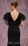 MNM Couture Style Q8022 mermaid gown with ruffled sleeves, mesh neckline, and crystal-embellished slit. \ Couture Shop LA