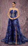 MNM Couture Style Q9060 strapless A-line gown with a deep V-neckline, crystal embellishments, and a side slit. \ Couture Shop LA