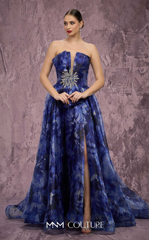 MNM Couture Style Q9060 strapless A-line gown with a deep V-neckline, crystal embellishments, and a side slit. \ Couture Shop LA