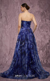 MNM Couture Style Q9060 strapless A-line gown with a deep V-neckline, crystal embellishments, and a side slit. \ Couture Shop LA