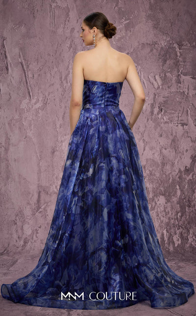 MNM Couture Style Q9060 strapless A-line gown with a deep V-neckline, crystal embellishments, and a side slit. \ Couture Shop LA